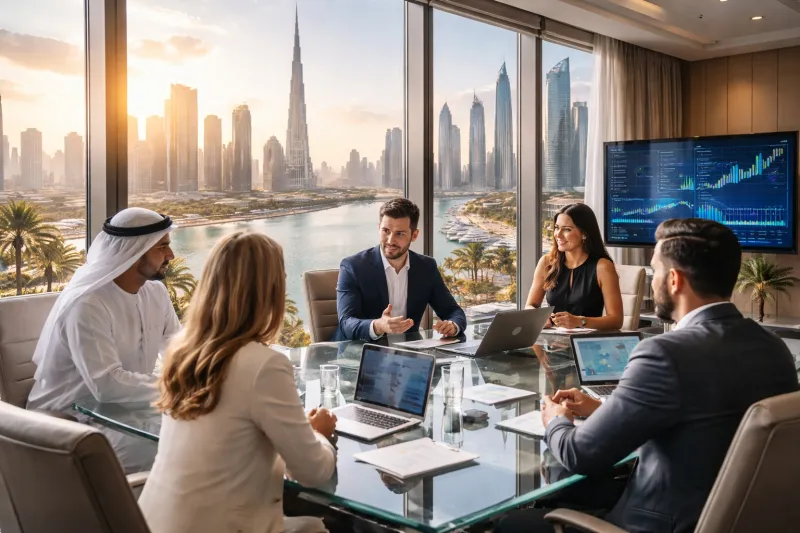 Business meeting with Dubai skyline view