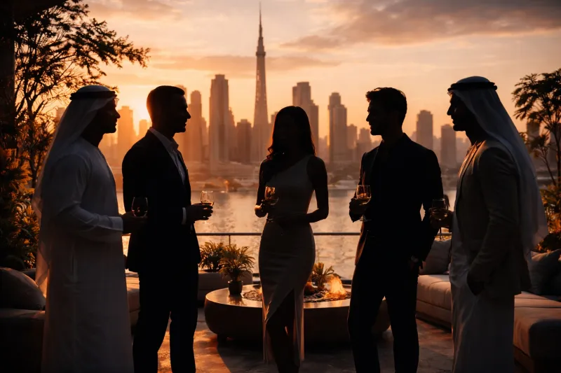 Business professionals at Dubai sunset