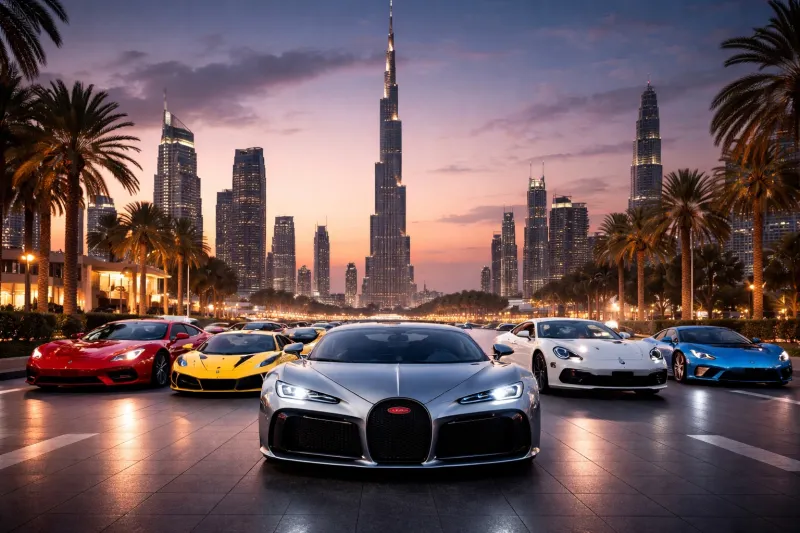 Supercars and Burj Khalifa at sunset