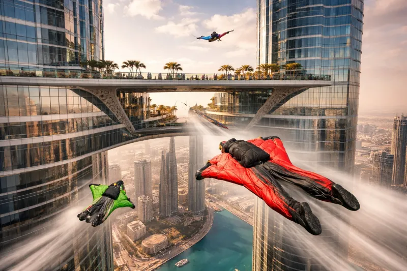 Soaring through Sky View Hotel's arch