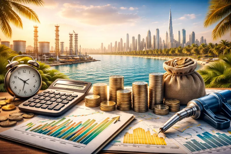 Financial growth in Dubai at sunset