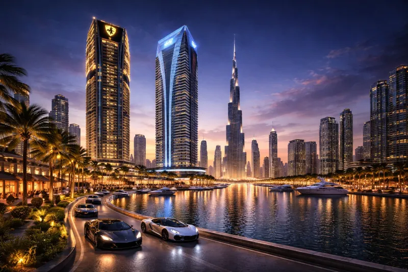 Luxury towers and exotic cars at dusk