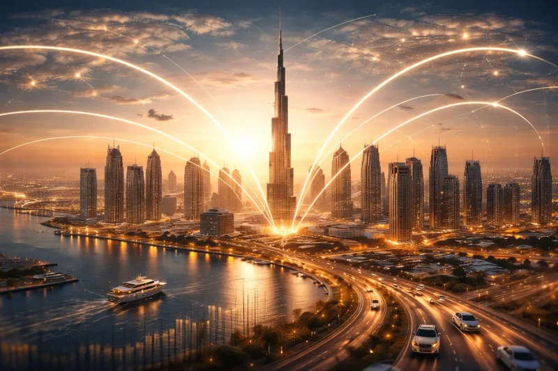 Dubai sunset with glowing arcs