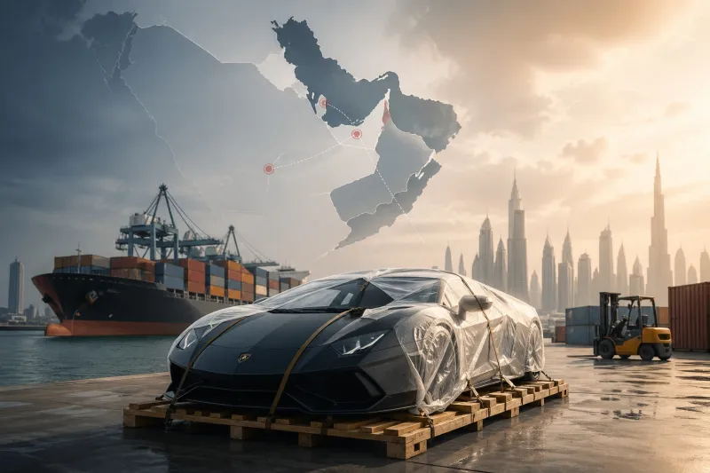 High-end car shipment in modern harbor