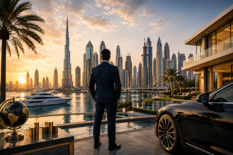 Luxury waterfront city at golden hour