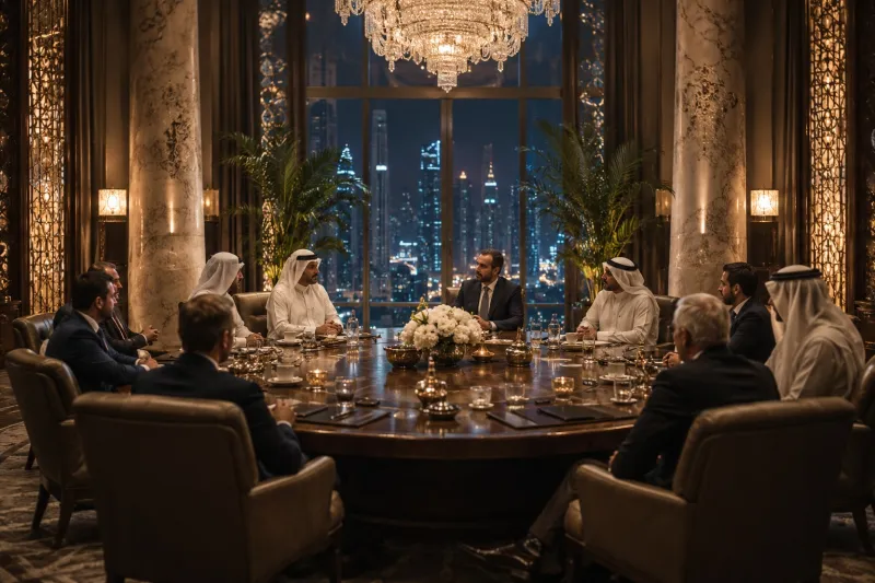 Luxurious corporate boardroom at night