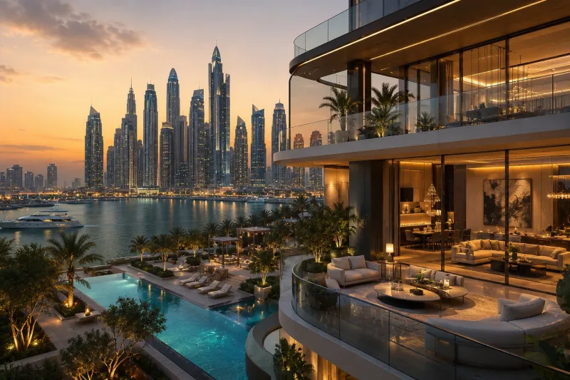 Luxury waterfront terrace at sunset