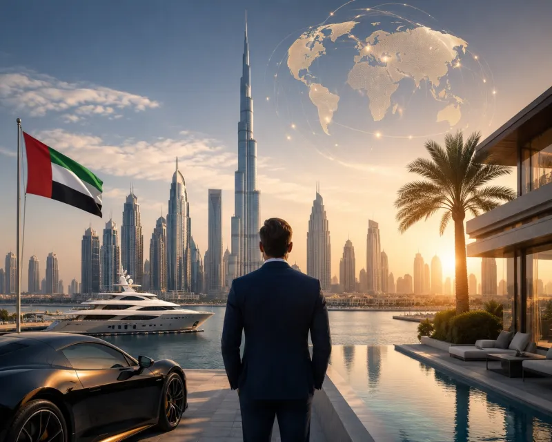 Luxurious waterfront cityscape at sunset