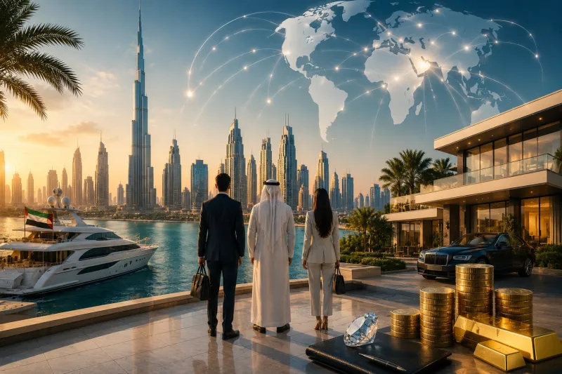 Luxury cityscape at sunset with global wealth
