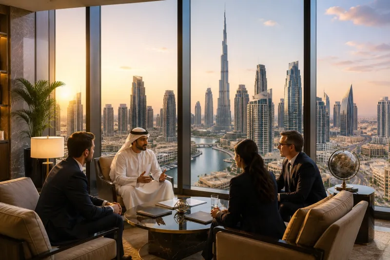 Luxury office meeting with city view
