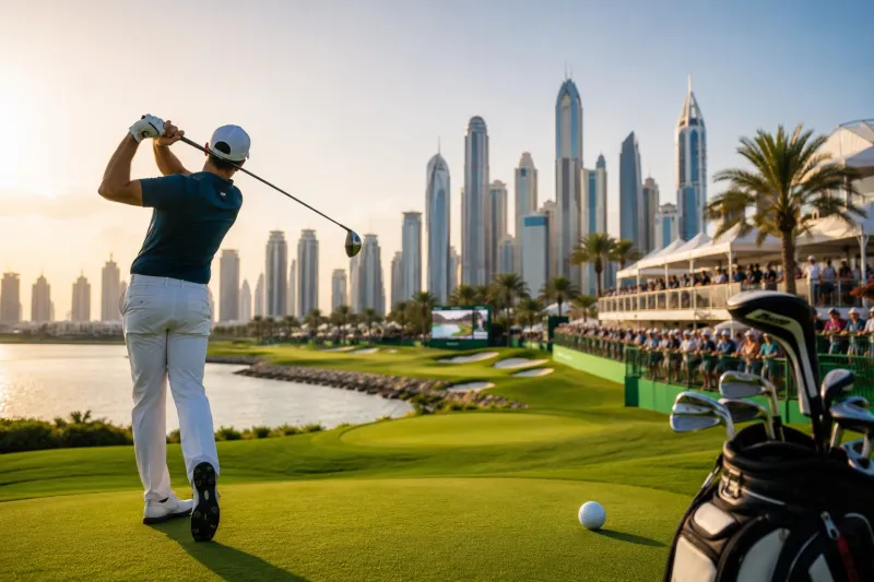 Golfer at sunset with city skyline