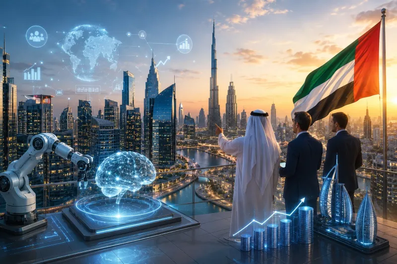 Futuristic city at sunset with tech overlays